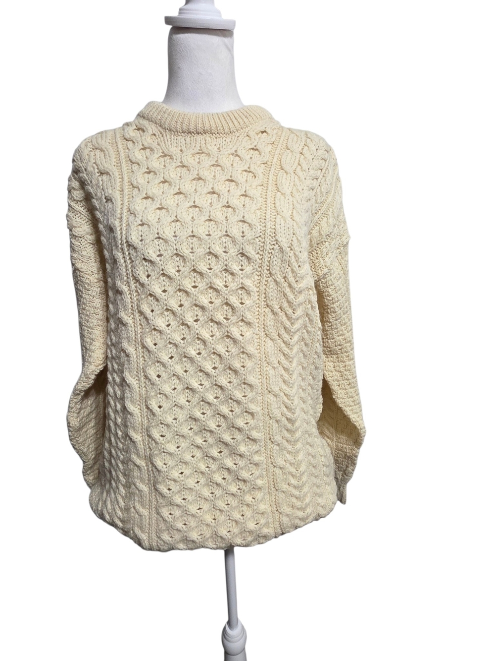 Rue Saint Patrick 100% Wool Irish Aran Cable Knit Fisherman Sweater XL Chunky